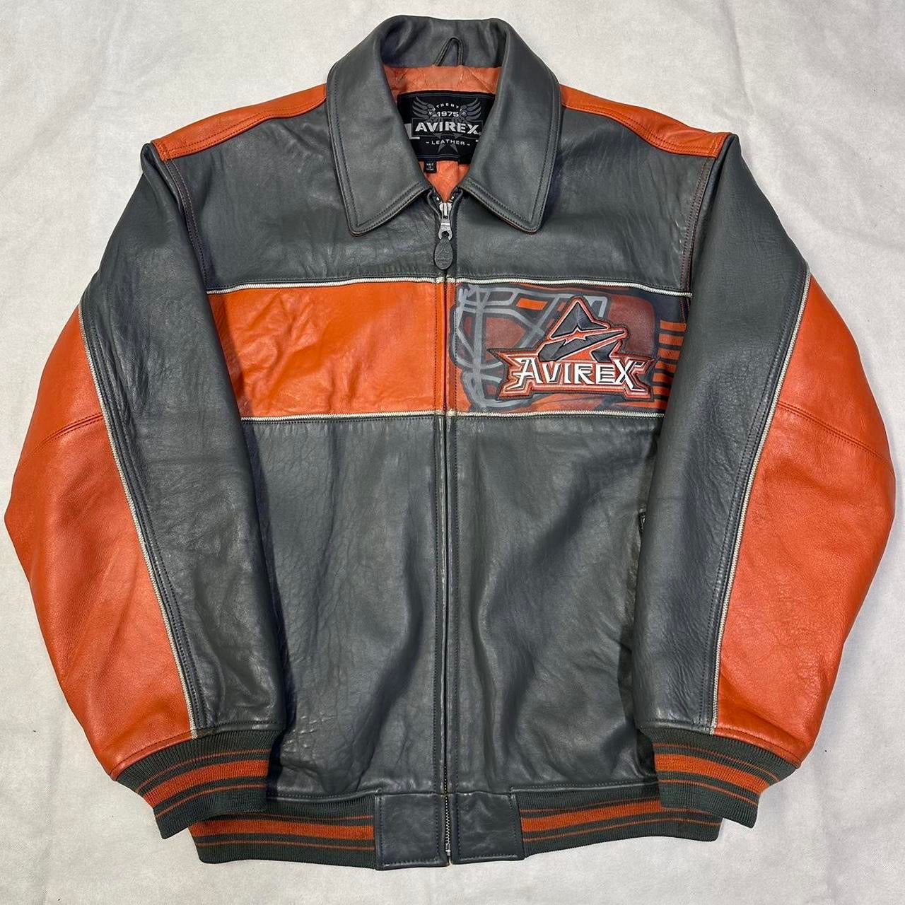 Avirex Ice Tigers Leather Jacket In Grey & Orange ( XL ) - 1036 Emporium