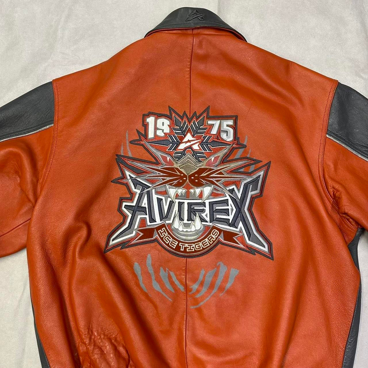 Avirex Ice Tigers Leather Jacket In Grey & Orange ( XL ) - 1036 Emporium