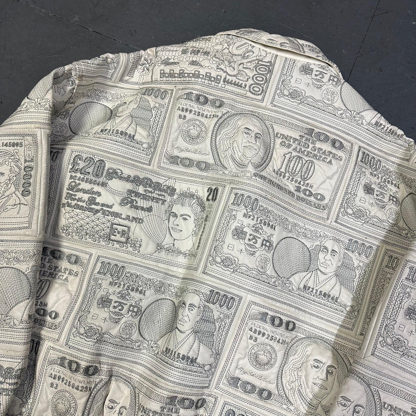 ARCHIVE Ziptex New York World Currency Leather Jacket In White ( XL )