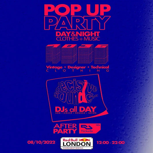 Promotional poster for a Red Bull Pop Up Party featuring vintage clothing and DJs in London.