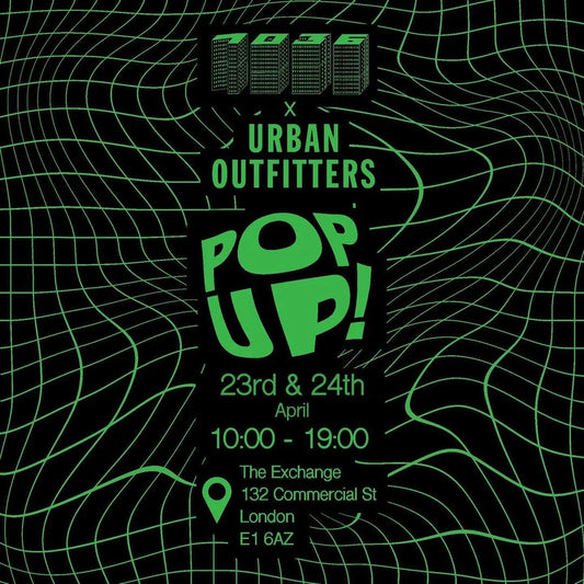 Urban Outfitters pop-up event flyer with green grid background, dates and London address.