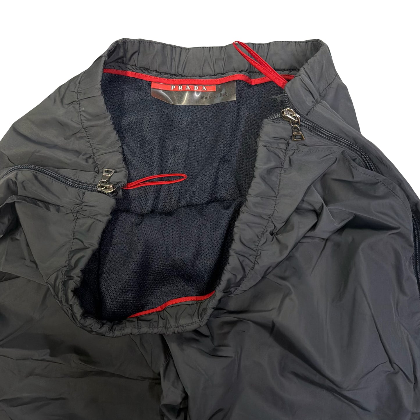 Prada Sort Full Zip Nylon Trousers In Charcoal Grey (W32)