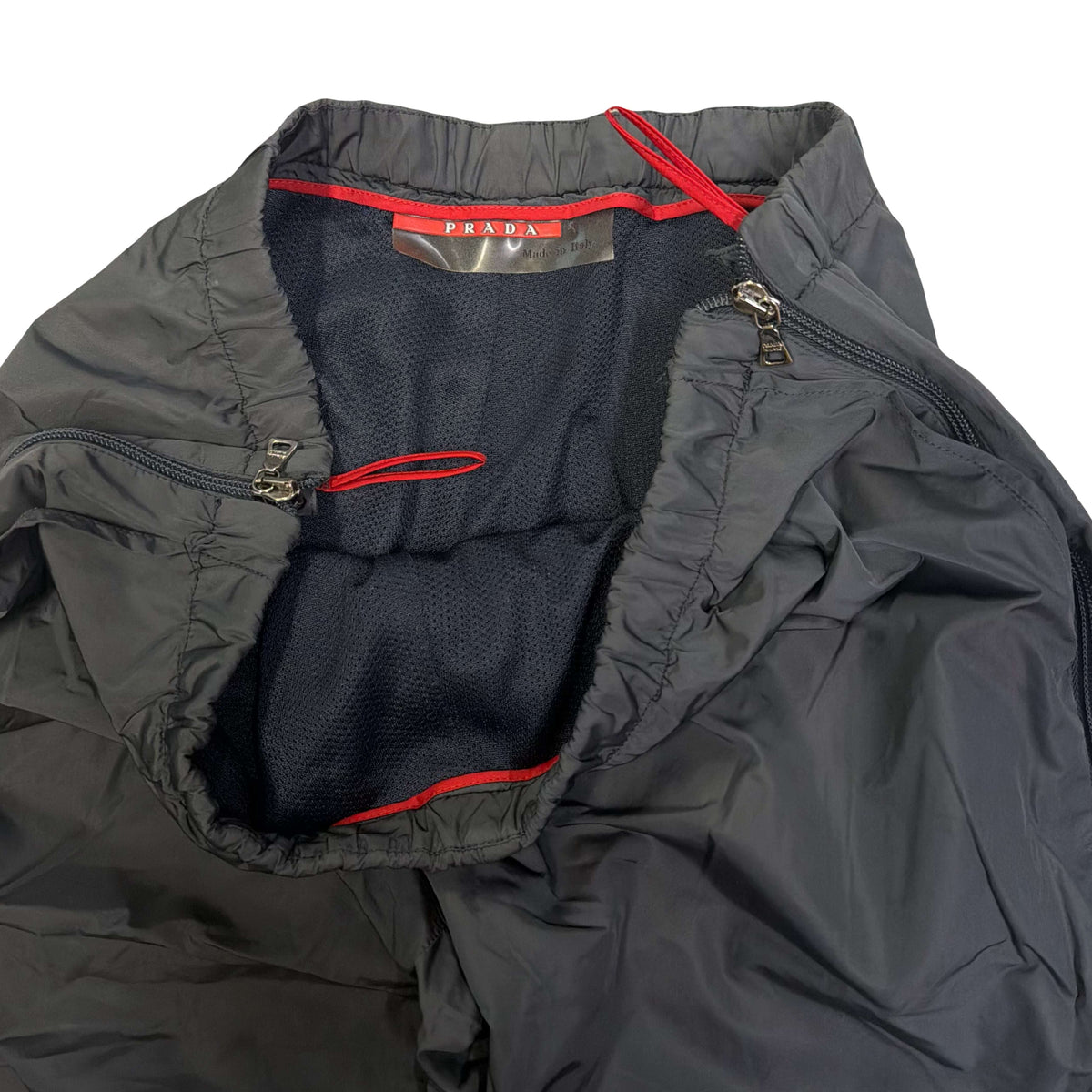 Prada Sort Full Zip Nylon Trousers In Charcoal Grey (W32)