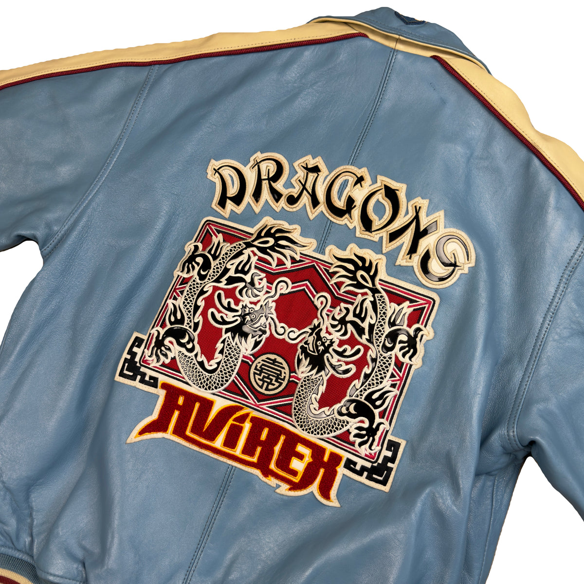 Avirex Dragons Leather Jacket In Blue & Beige (L)