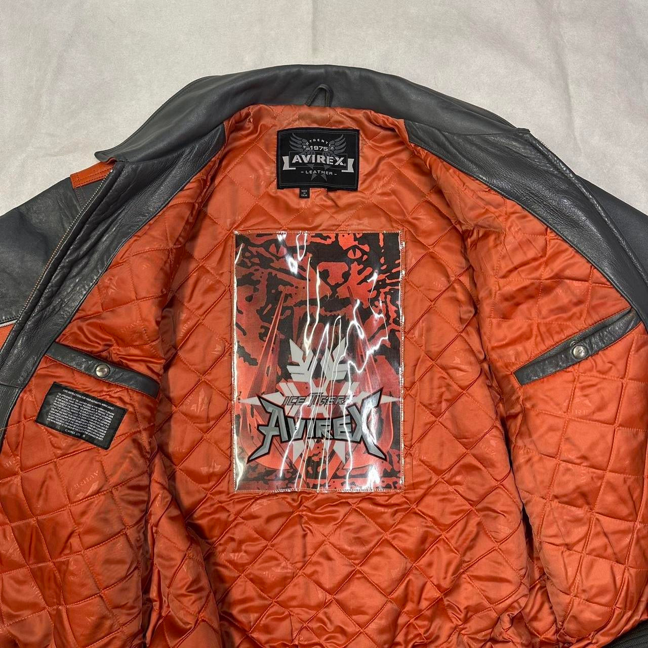 Avirex Ice Tigers Leather Jacket In Grey & Orange ( XL )