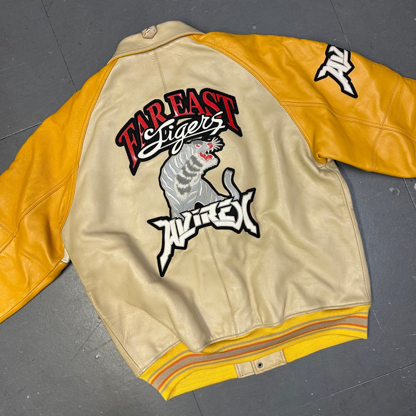 Avirex Far East Tigers Leather Jacket In Beige & Yellow (L)