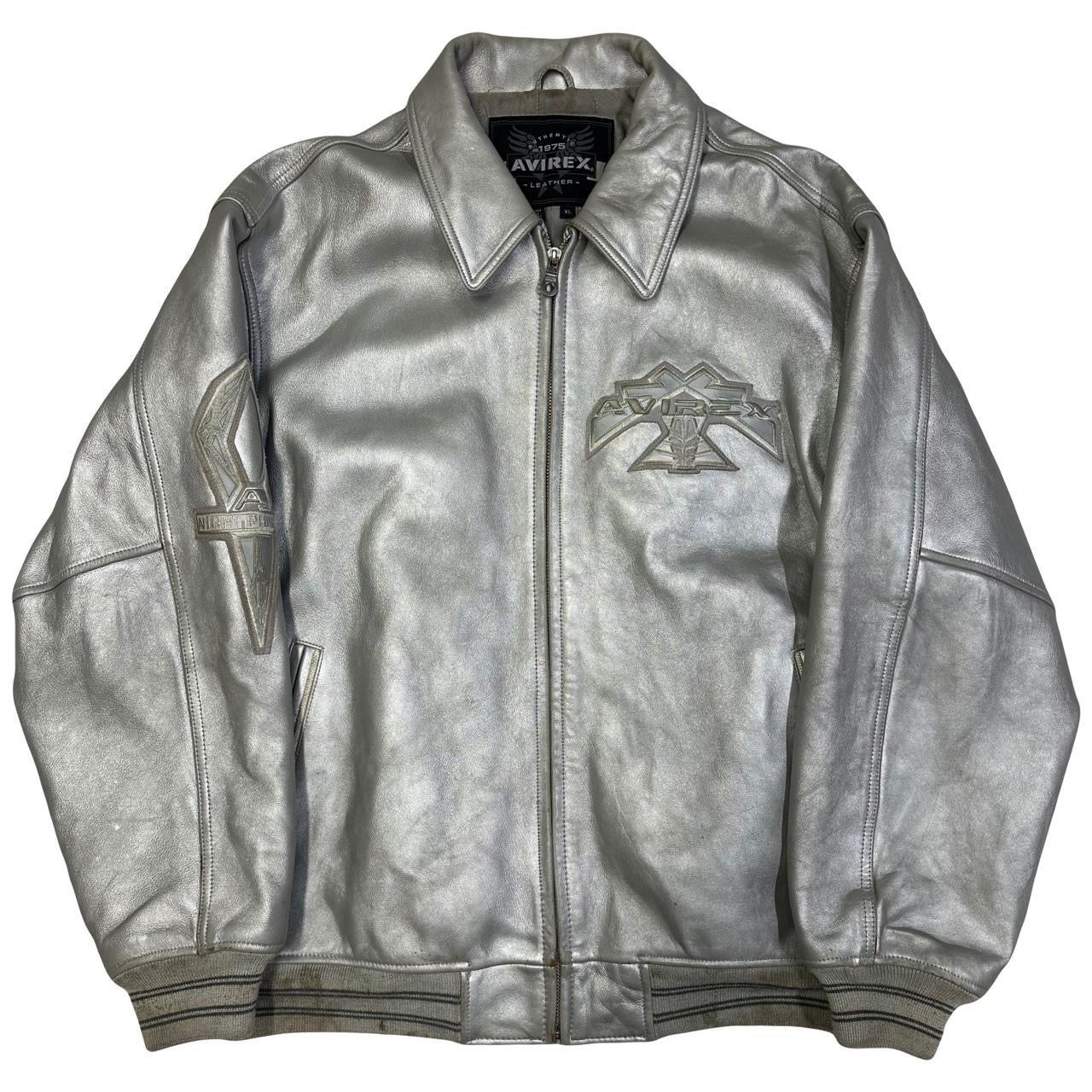 Avirex Leather Night Pheonix Leather Jacket In Silver ( XL )