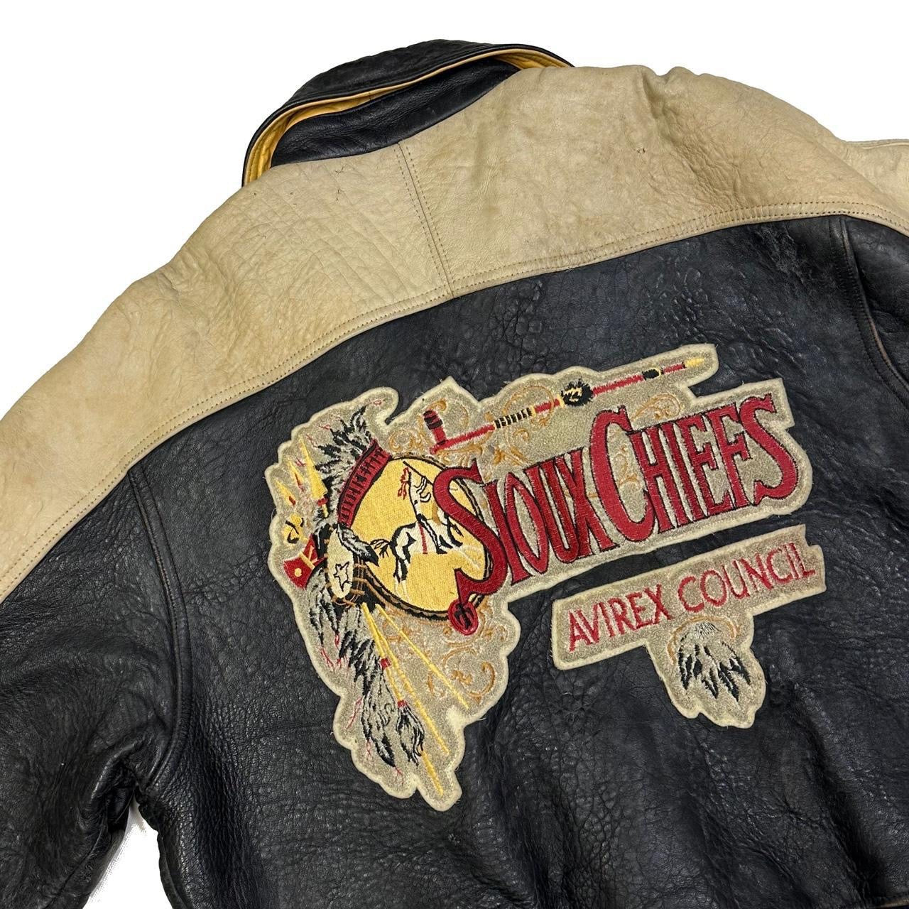 Avirex Sioux Chiefs Leather Jacket In Beige & Black ( M )
