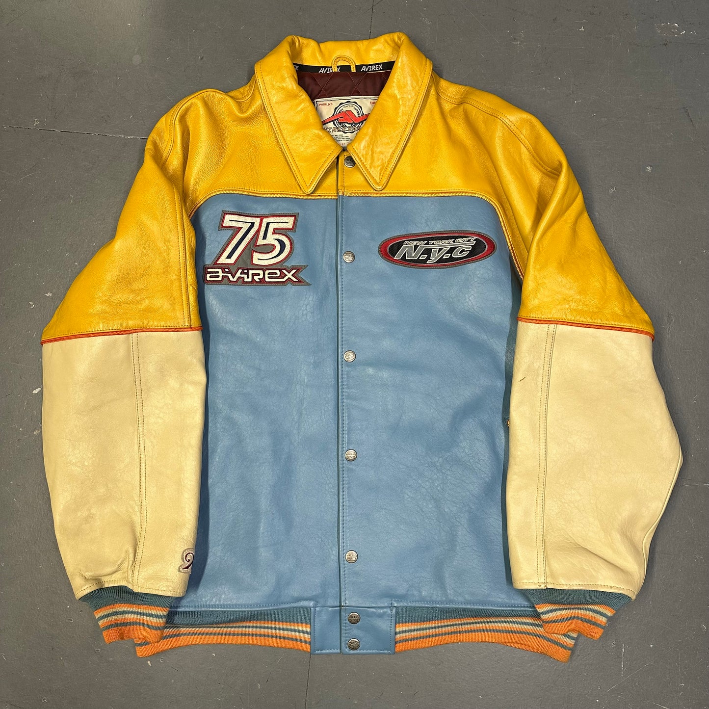Avirex Leather Jacket In Blue, Beige & Yellow (3XL)