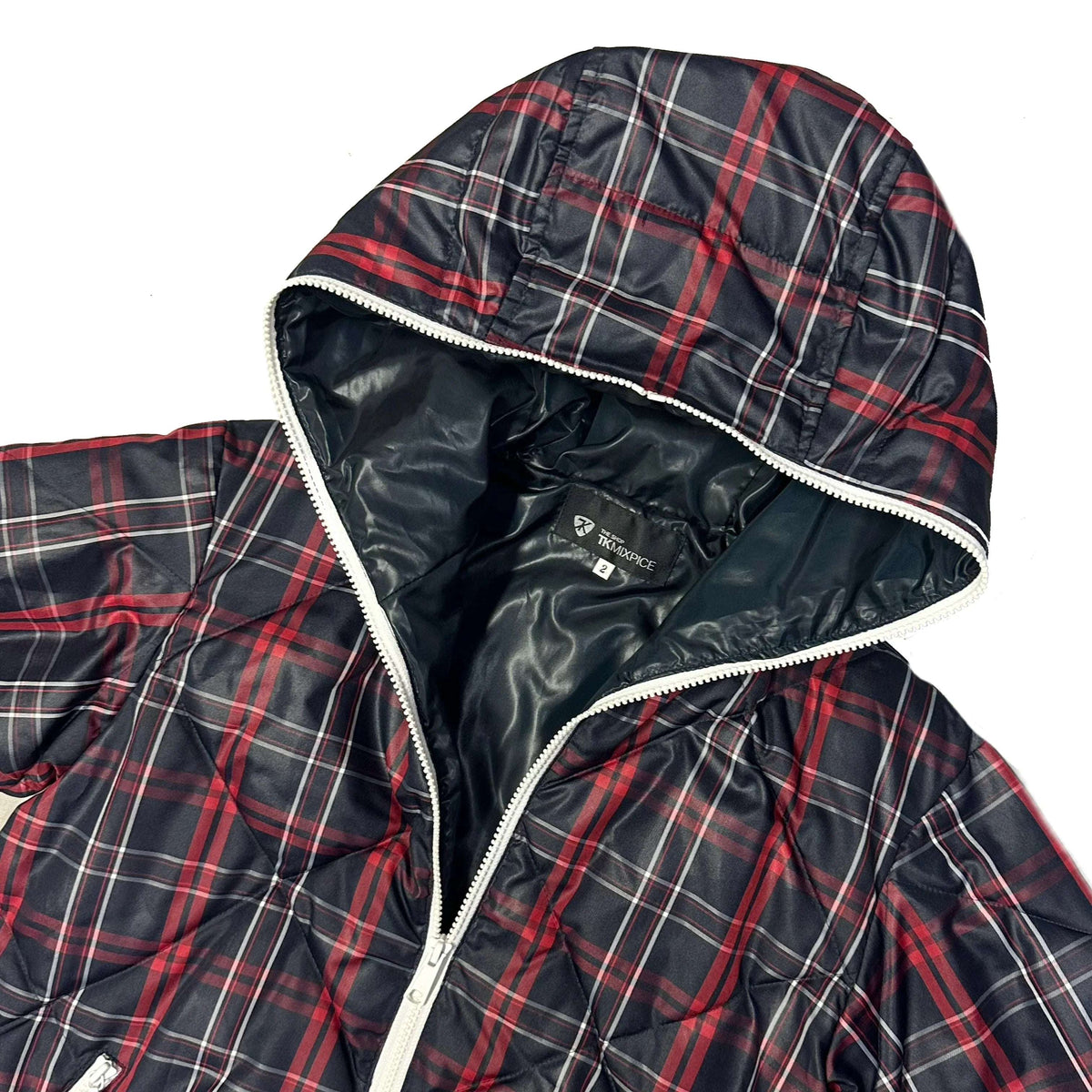 Takeo Kikuchi Diamond Stitch Plaid Puffer Jacket In Navy & Red (M)