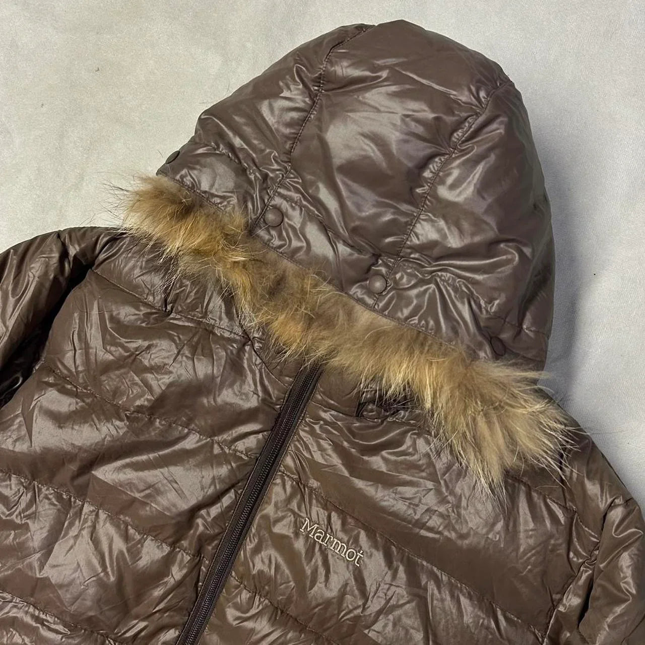 Marmot Fur Hood Puffer Jacket In Brown ( M )