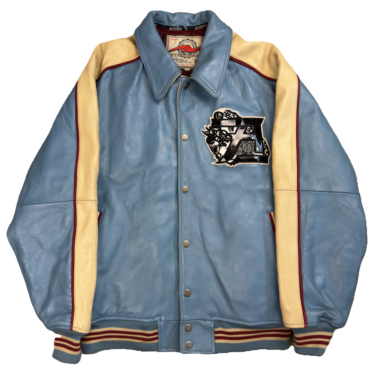 Avirex Dragons Leather Jacket In Blue & Beige (L)