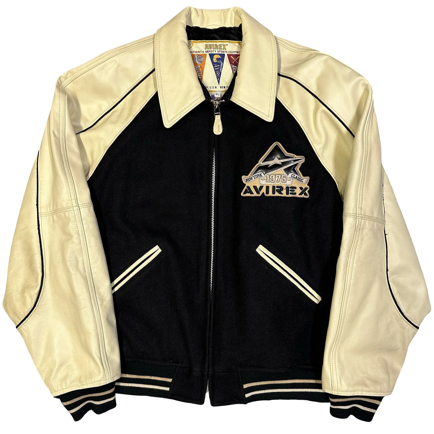 Avirex Wool & Leather Jacket In Black & Beige ( XL )