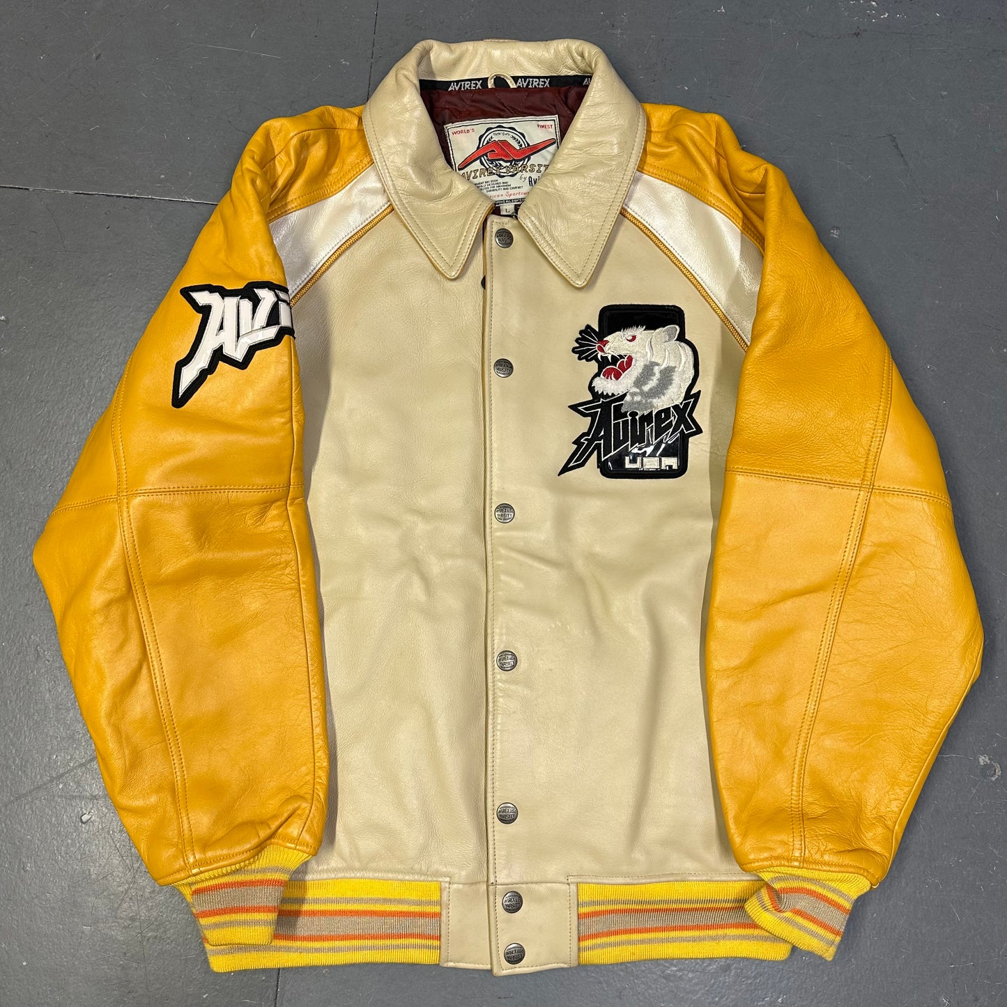Avirex Far East Tigers Leather Jacket In Beige & Yellow (L)