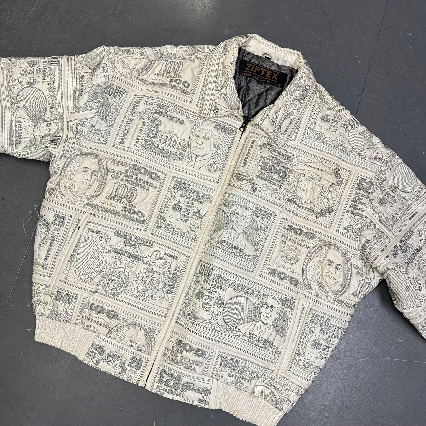 ARCHIVE Ziptex New York World Currency Leather Jacket In White ( XL )