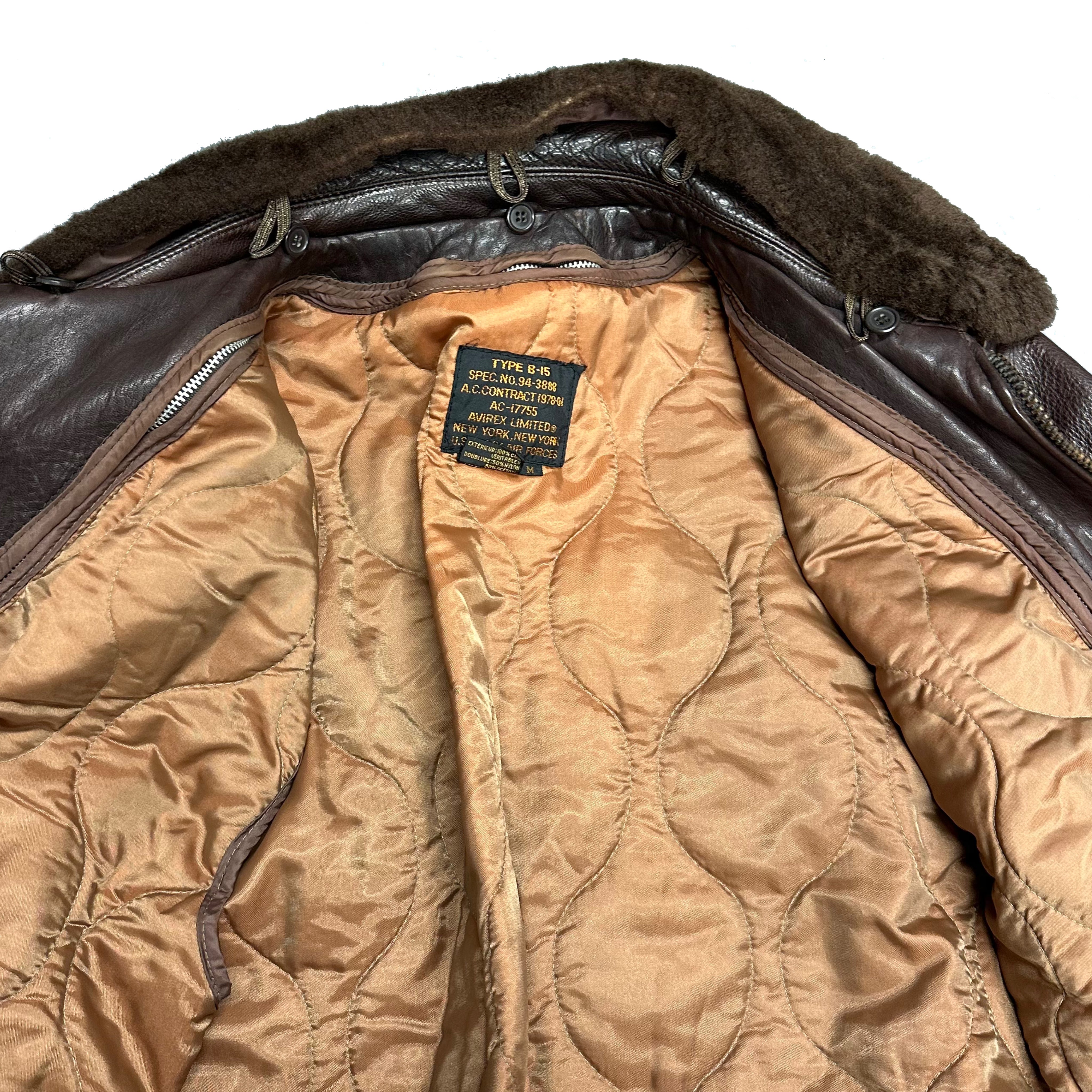 Avirex B-15 Leather Jacket In Brown With Removable Sherpa Collar ( M )