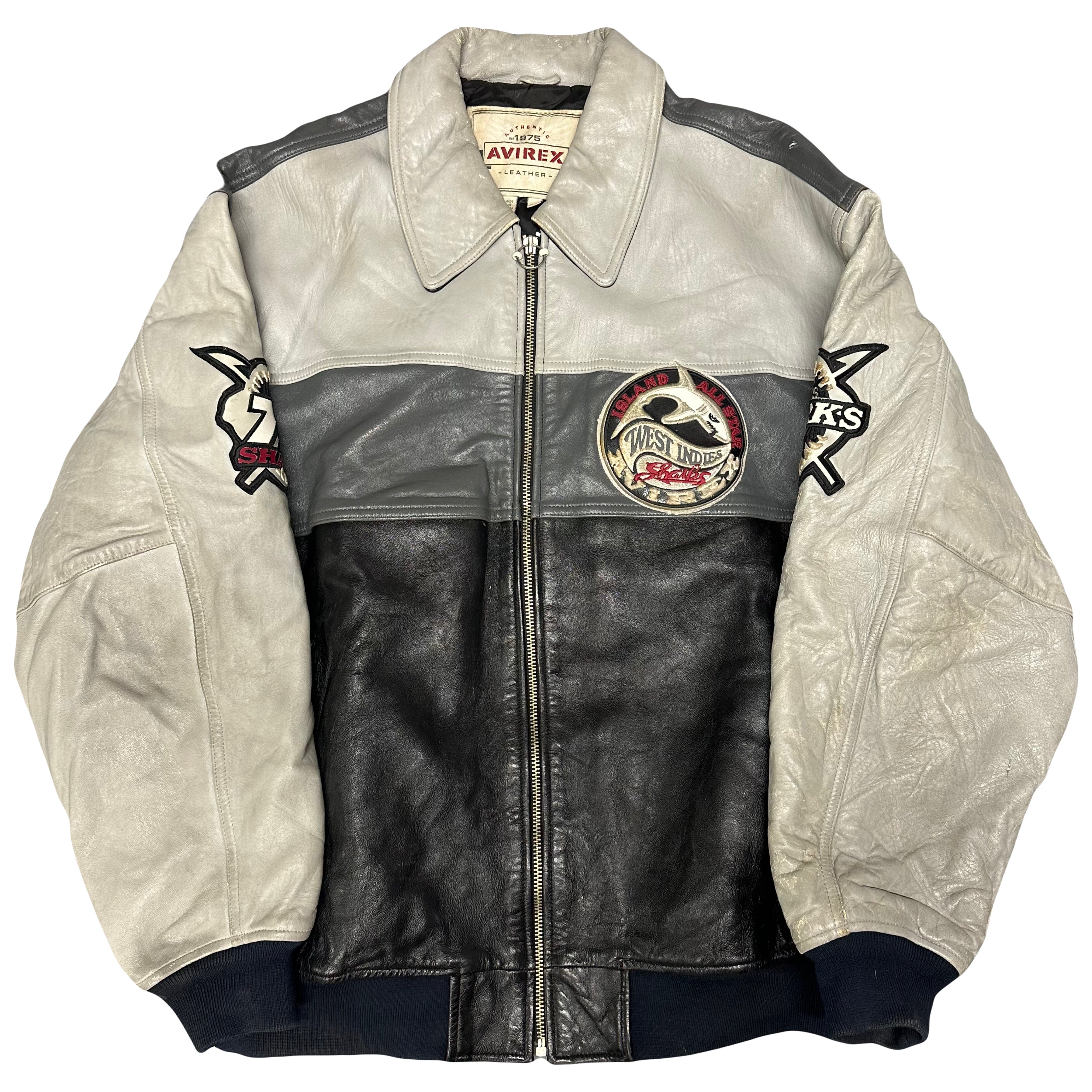 Avirex West Indies Sharks Leather Jacket In Grey ( XXL )