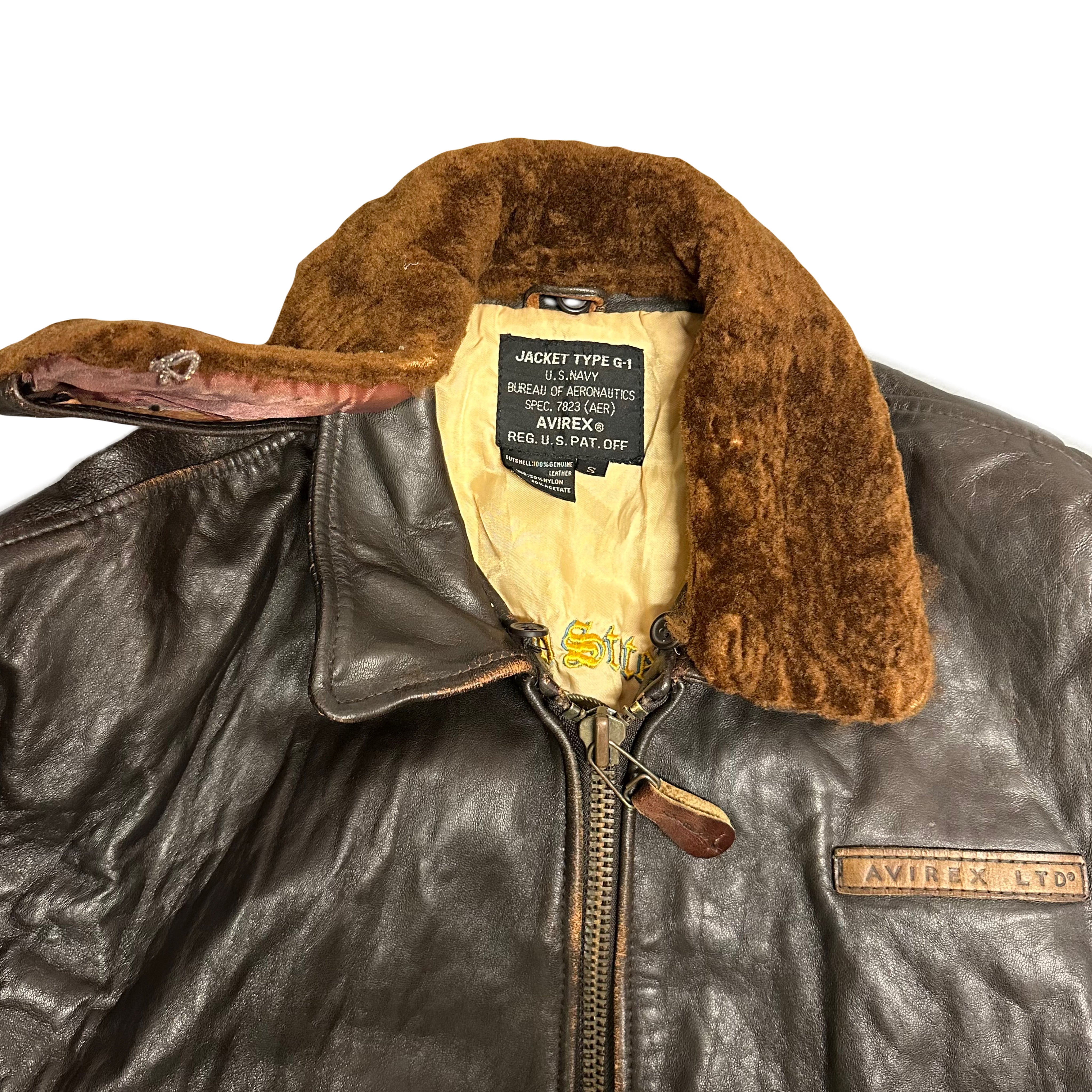 Avirex G-1 Leather Jacket In Brown With Removable Sherpa Collar ( S )