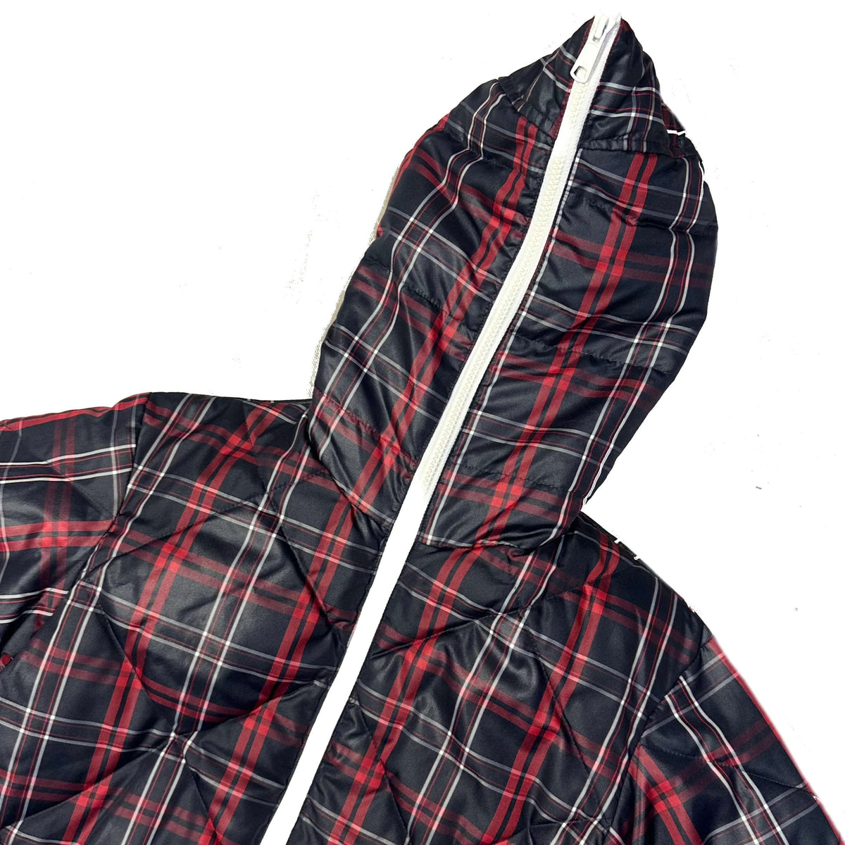 Takeo Kikuchi Diamond Stitch Plaid Puffer Jacket In Navy & Red (M)