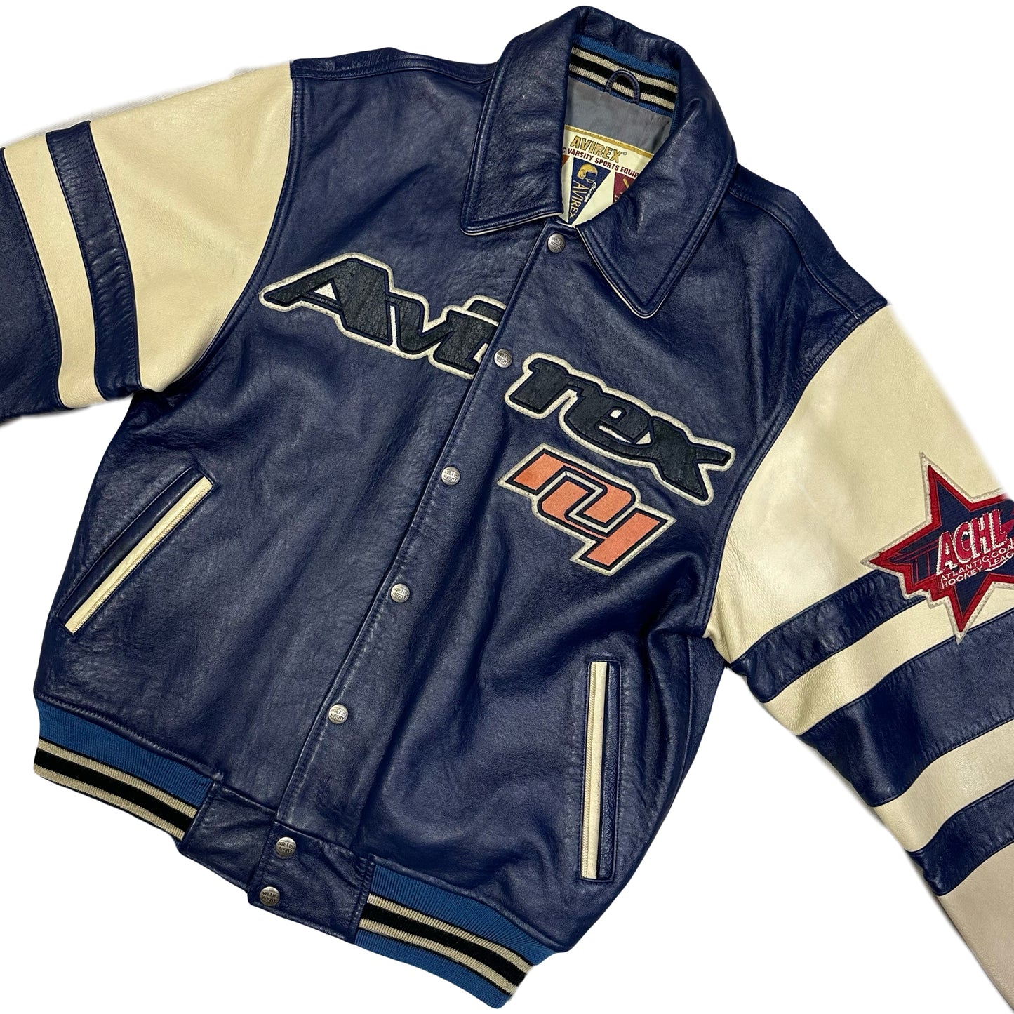 Avirex Goalers Leather Jacket In Navy & Beige ( S )
