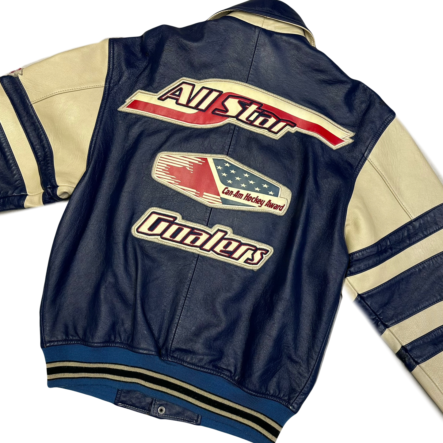 Avirex Goalers Leather Jacket In Navy & Beige ( S )