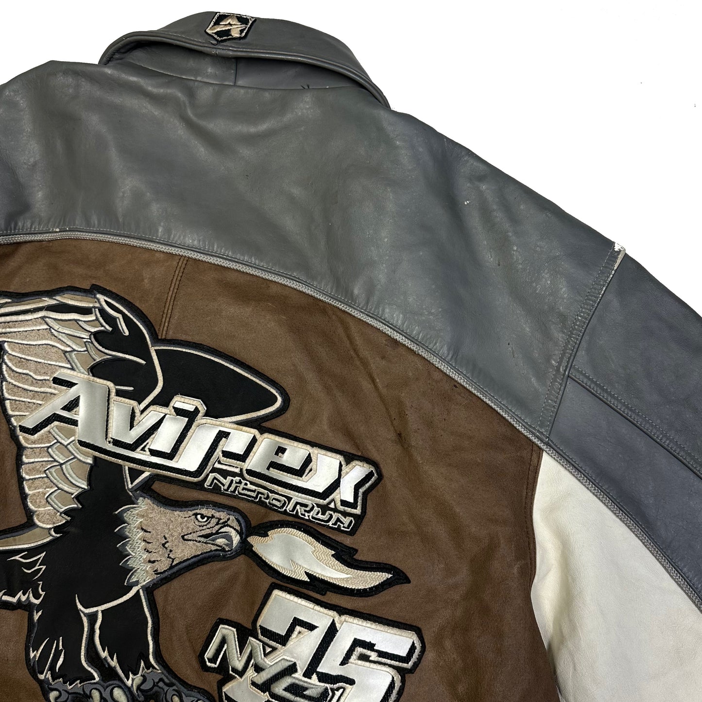 Avirex Leather Nitro Run Jacket In Grey & Brown ( 3XL )
