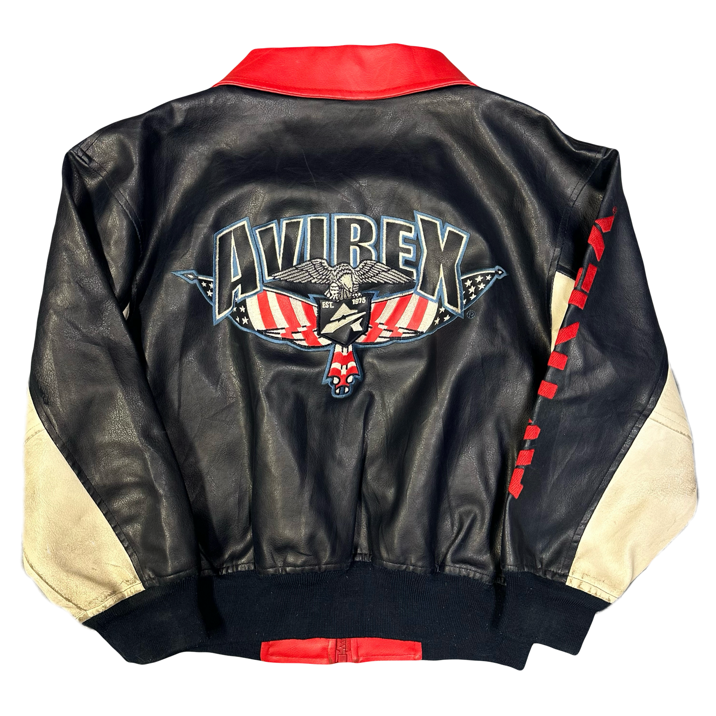 Avirex Kids Leather Jacket In Red & Navy ( 8-10 )