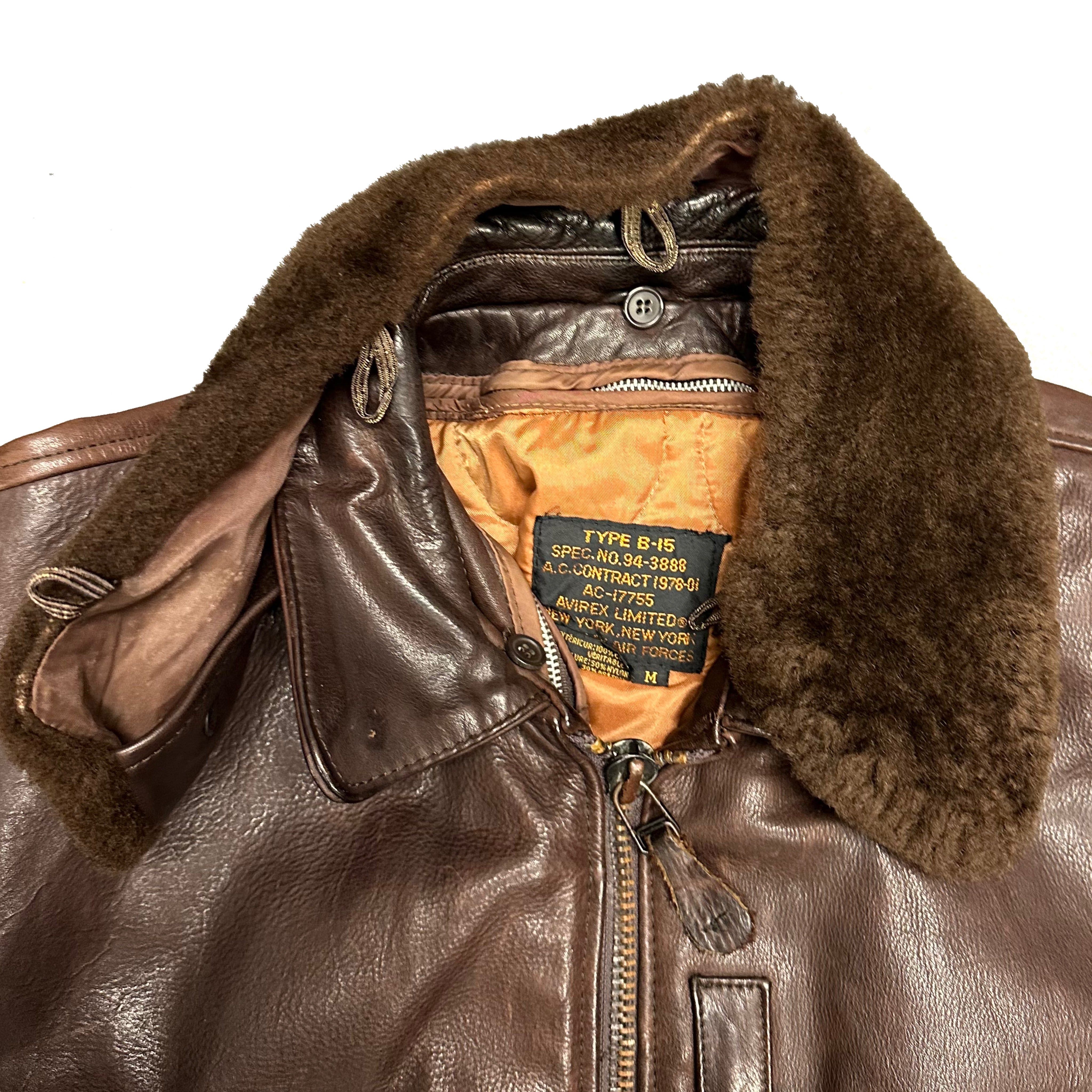 Avirex B-15 Leather Jacket In Brown With Removable Sherpa Collar ( M )