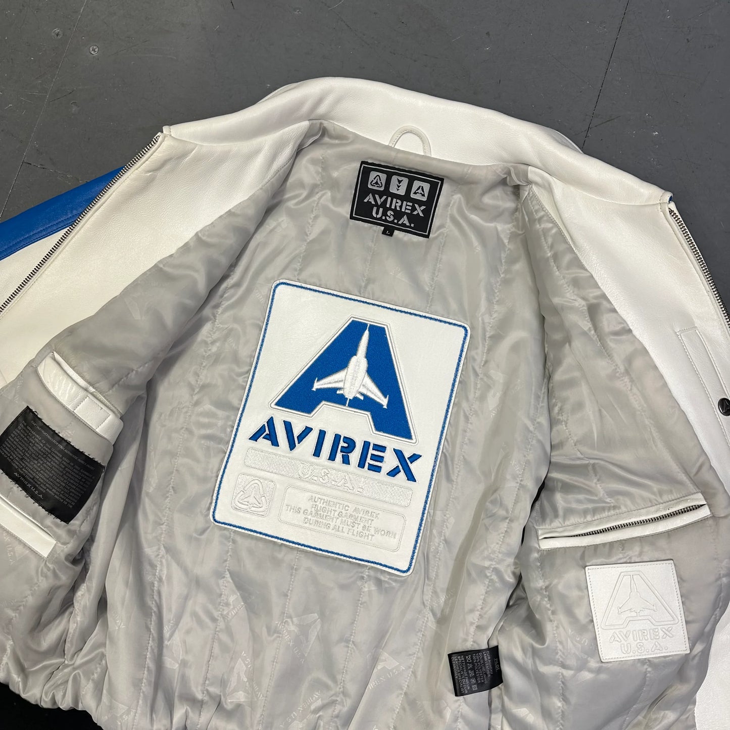 Avirex Fighter Jet Leather Jacket In White & Blue ( L )