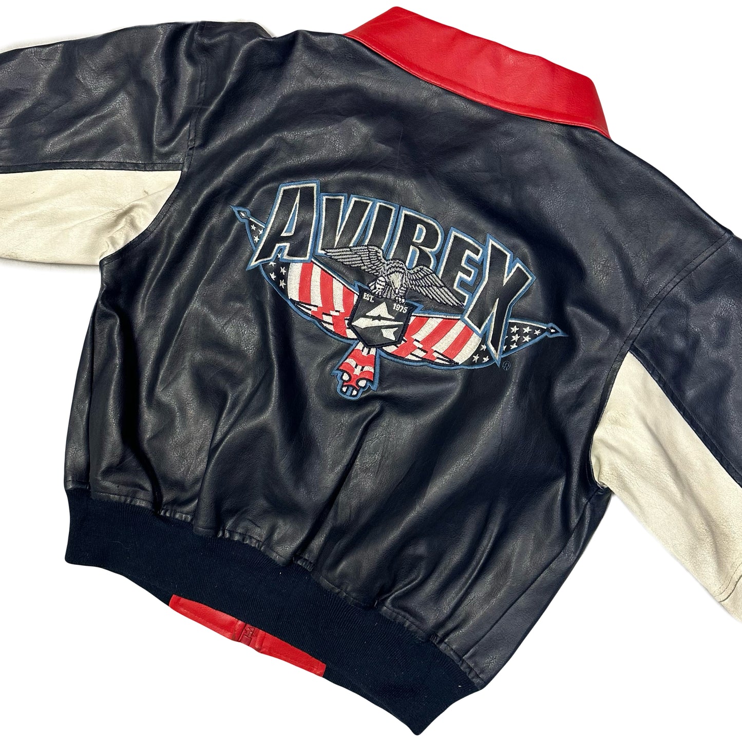 Avirex Kids Leather Jacket In Red & Navy ( 8-10 )
