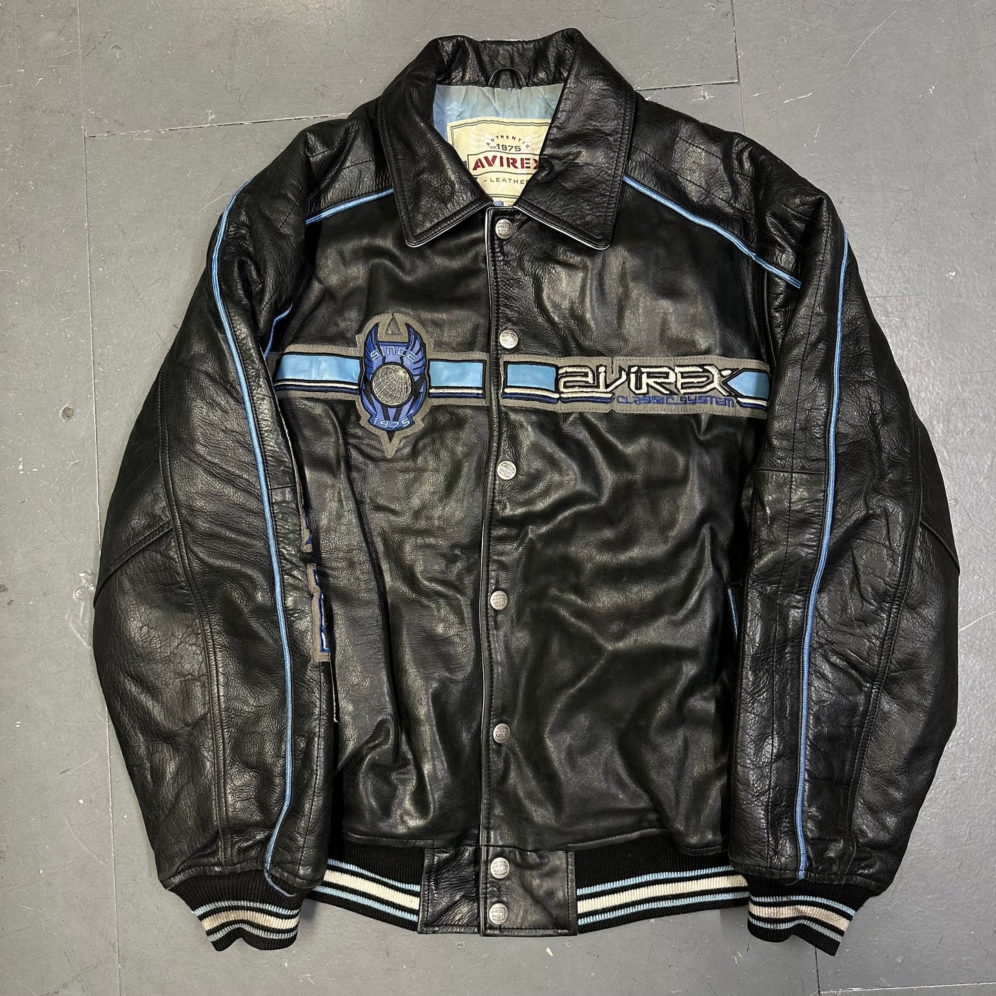 Avirex Leather Jacket In Black & Blue ( M )
