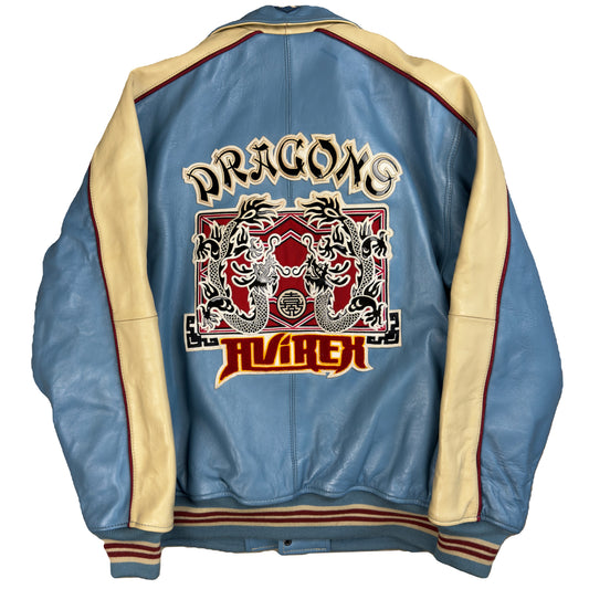 Avirex Dragons Leather Jacket In Blue & Beige (L)