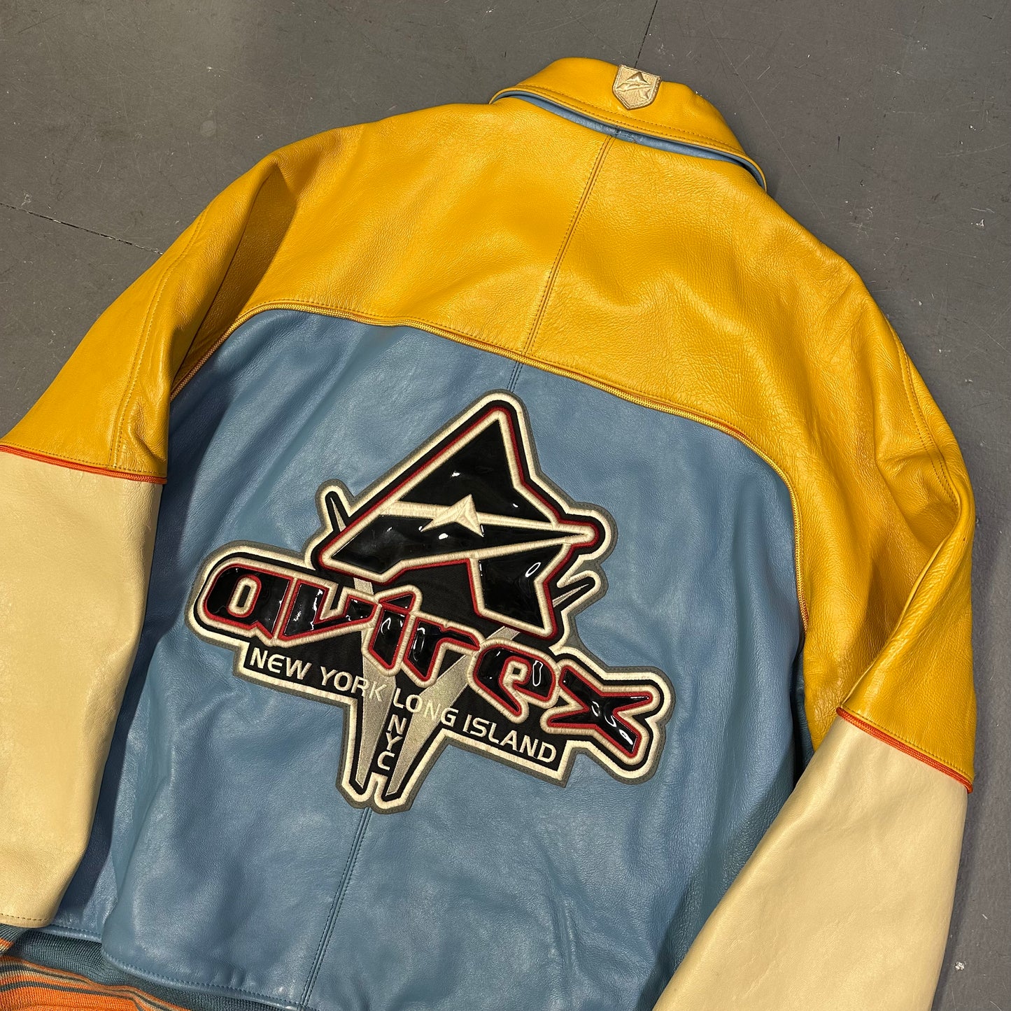 Avirex Leather Jacket In Blue, Beige & Yellow (3XL)