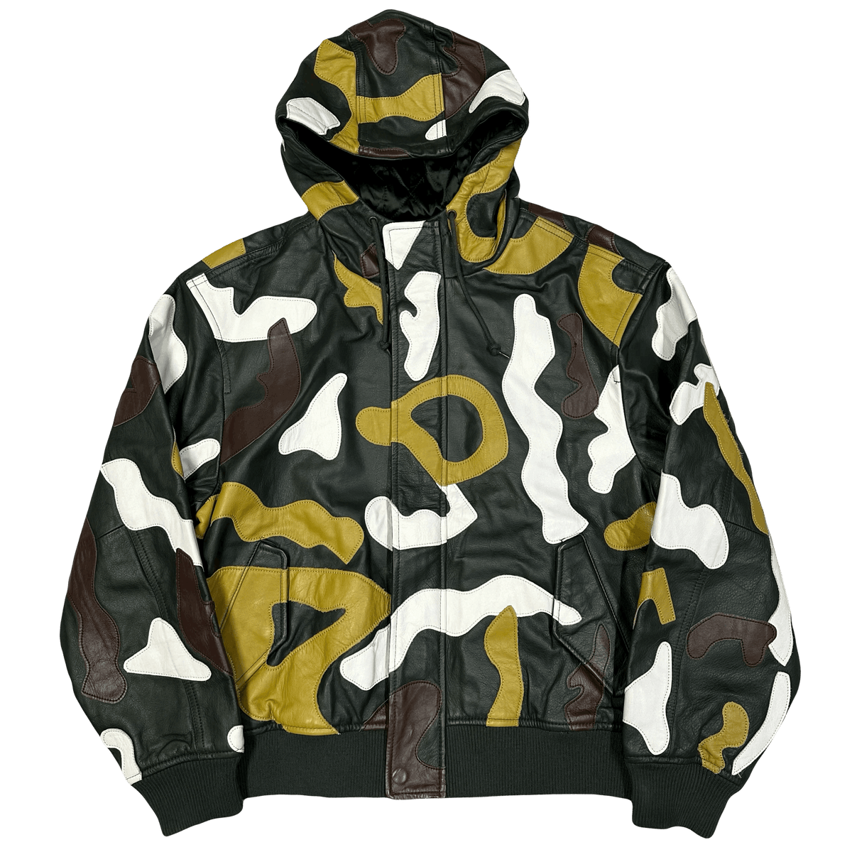 Supreme FW19 Camo Hooded Leather Jacket in a multi-color camouflage pattern.
