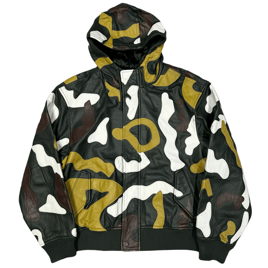 Supreme FW19 Camo Hooded Leather Jacket in a multi-color camouflage pattern.