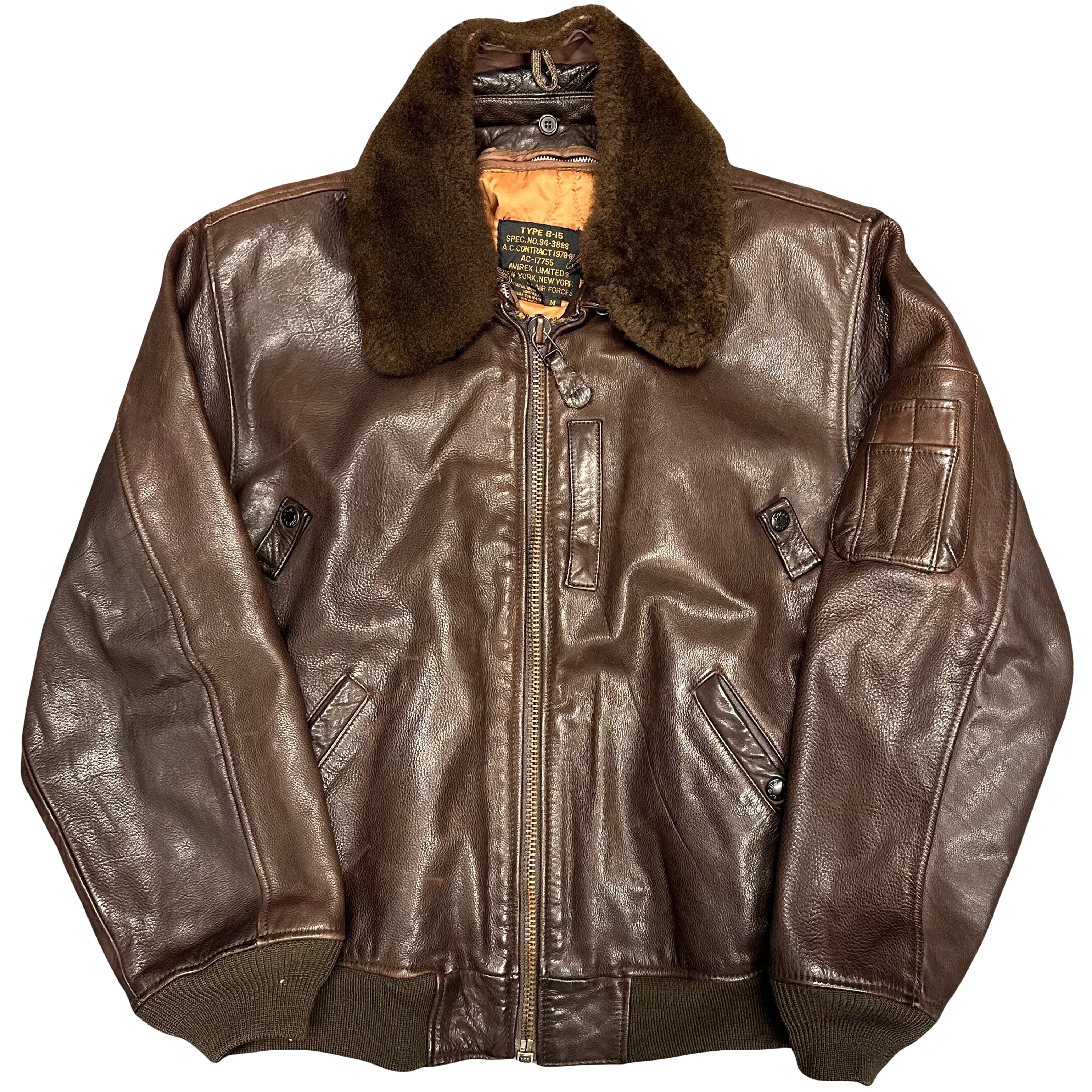 Avirex B-15 Leather Jacket In Brown With Removable Sherpa Collar ( M )