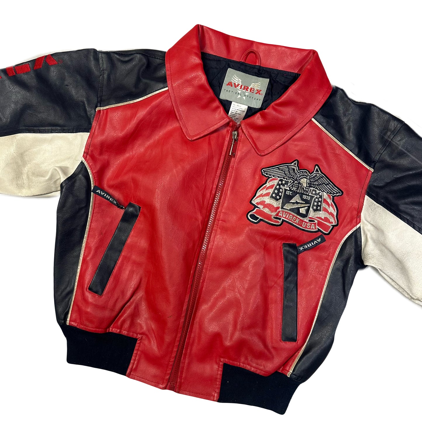 Avirex Kids Leather Jacket In Red & Navy ( 8-10 )