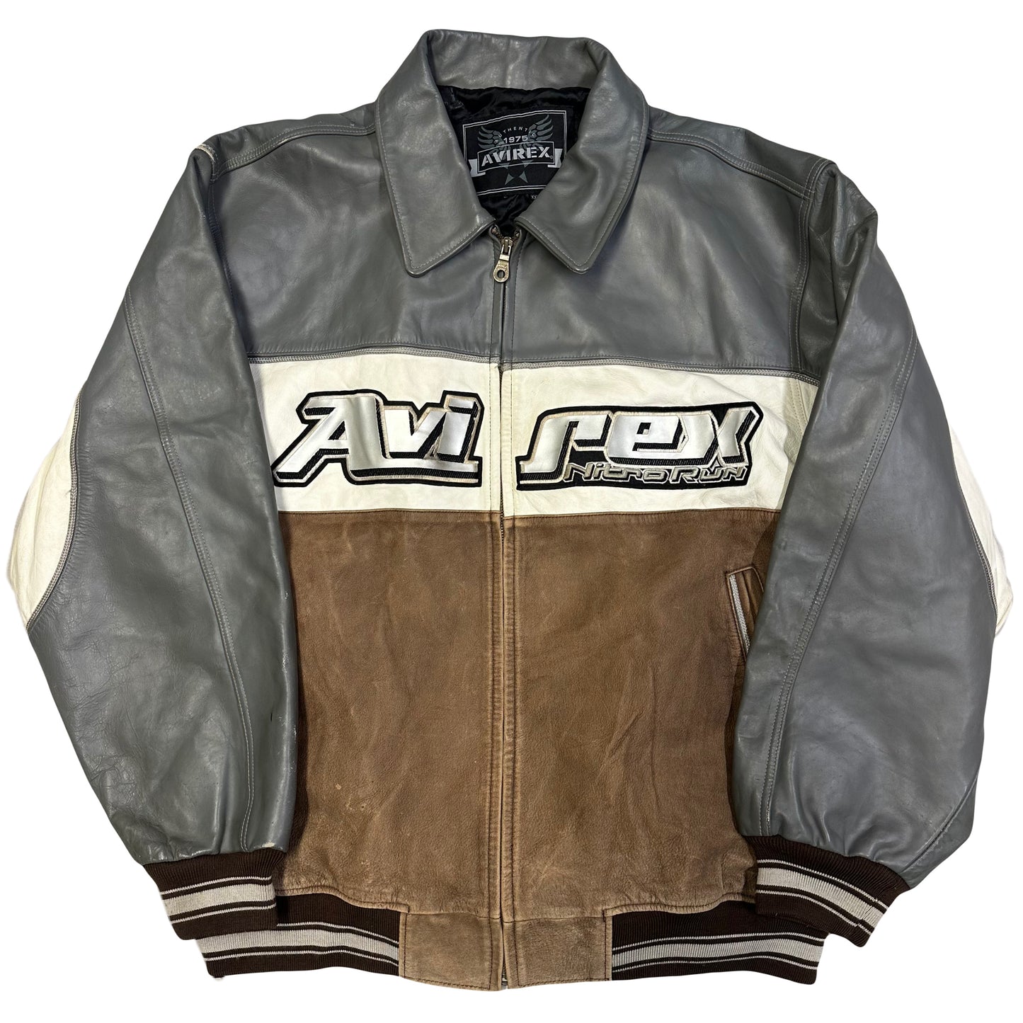 Avirex Leather Nitro Run Jacket In Grey & Brown ( 3XL )