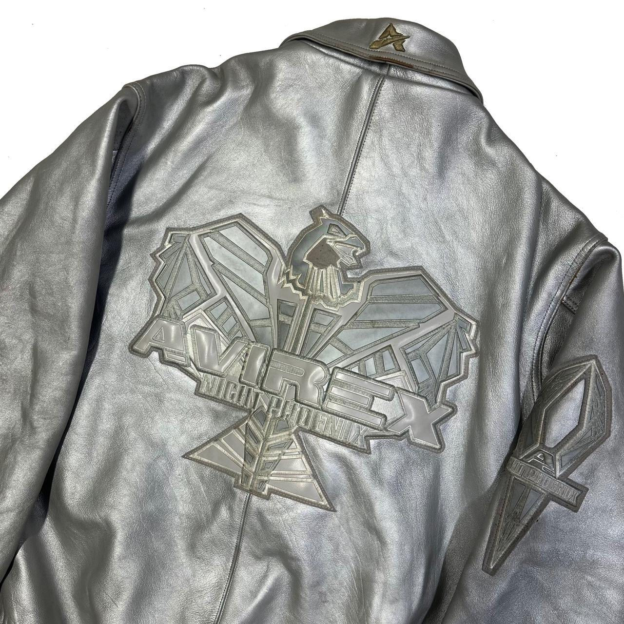 Avirex Leather Night Pheonix Leather Jacket In Silver ( XL )