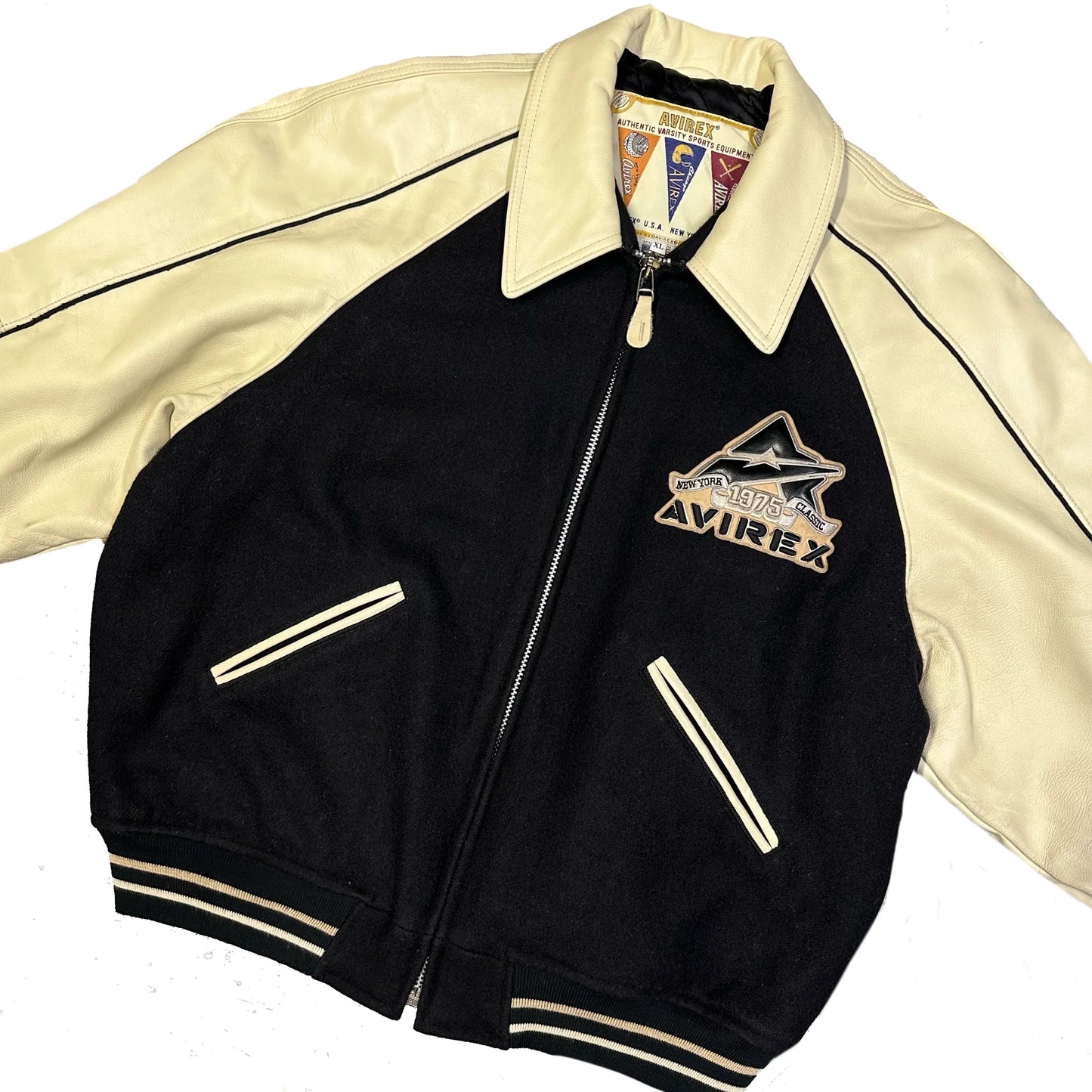 Avirex Wool & Leather Jacket In Black & Beige ( XL )