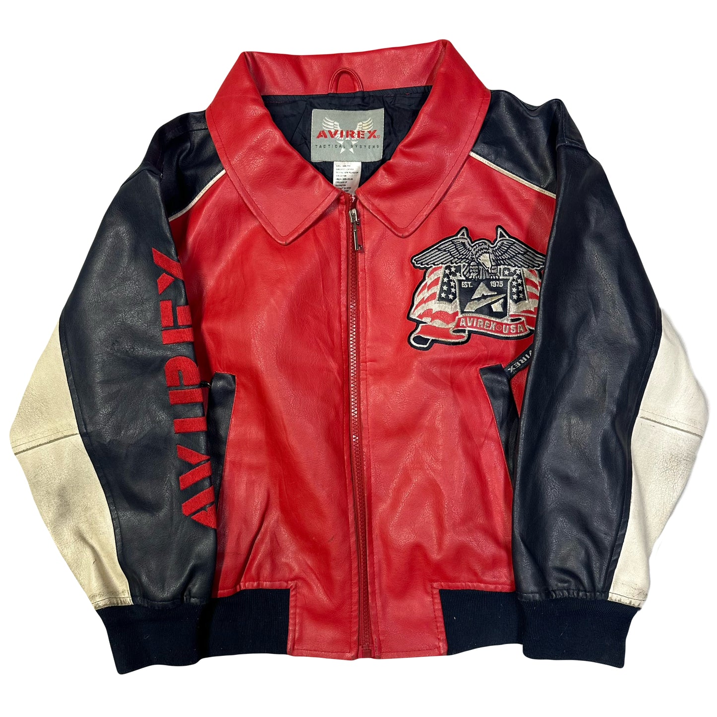Avirex Kids Leather Jacket In Red & Navy ( 8-10 )