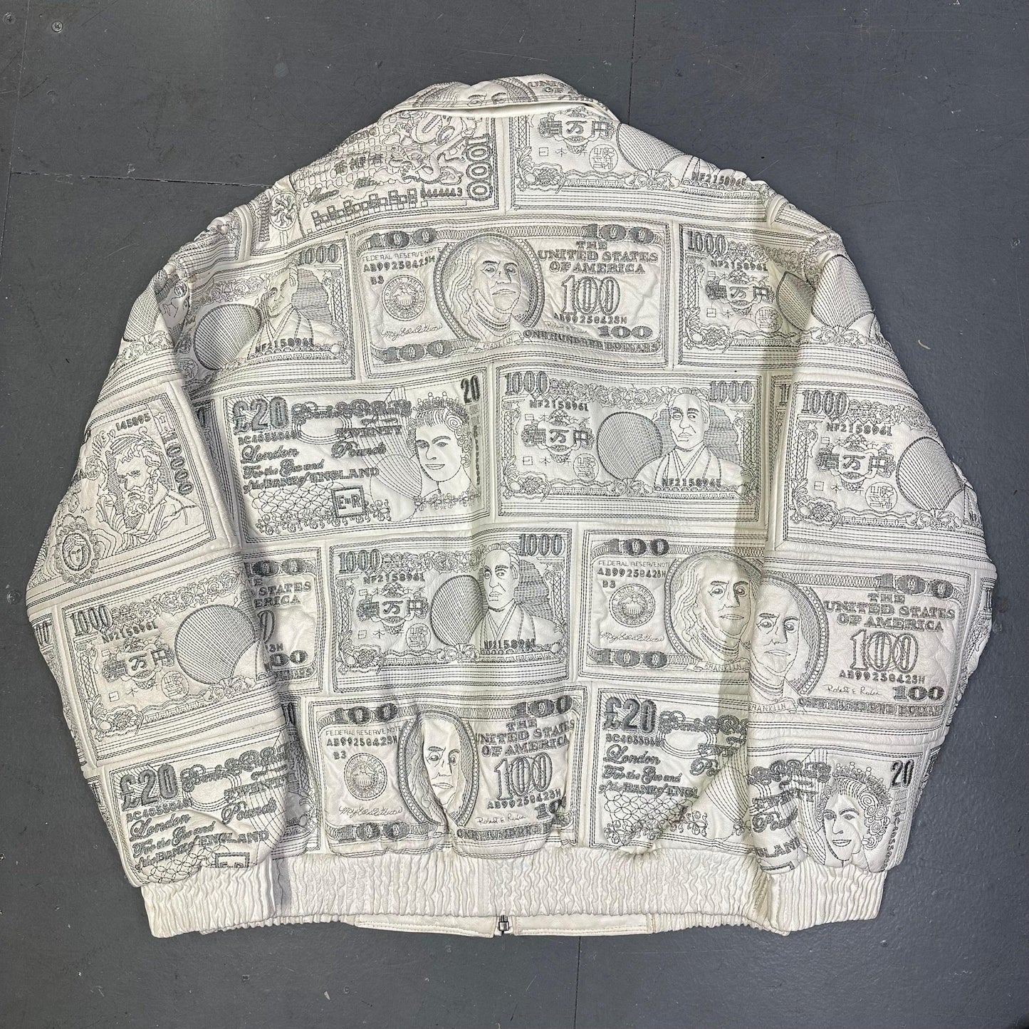 ARCHIVE Ziptex New York World Currency Leather Jacket In White ( XL )