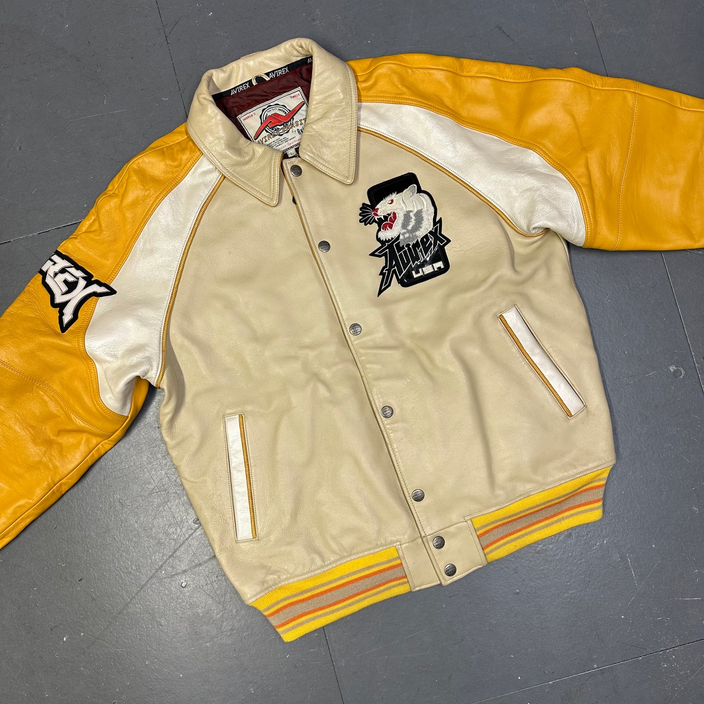 Avirex Far East Tigers Leather Jacket In Beige & Yellow (L)