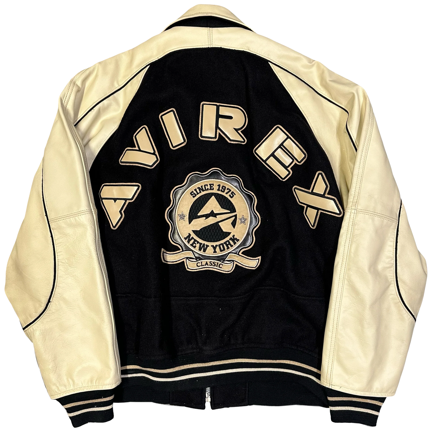 Avirex Wool & Leather Jacket In Black & Beige ( XL )