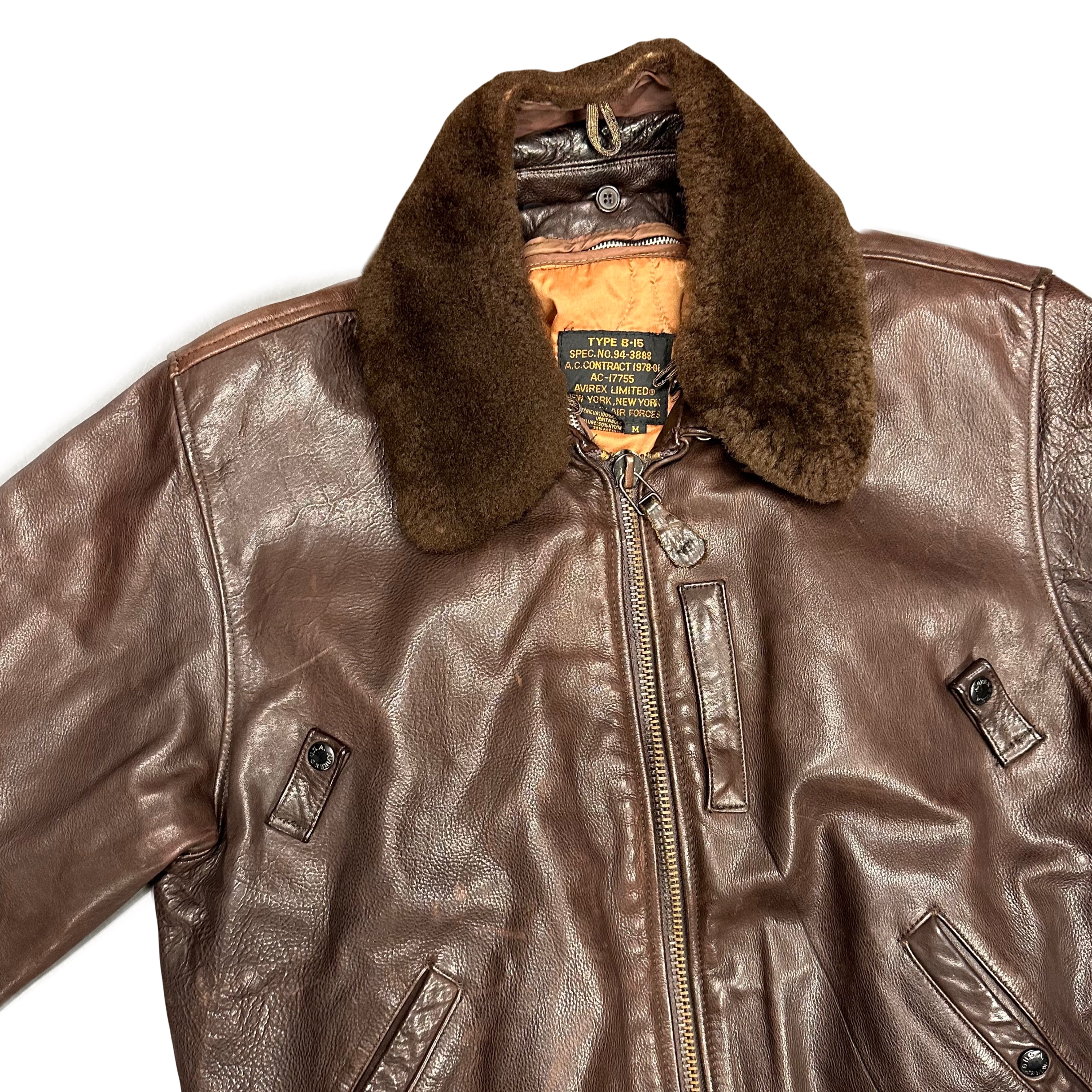 Avirex B-15 Leather Jacket In Brown With Removable Sherpa Collar ( M )