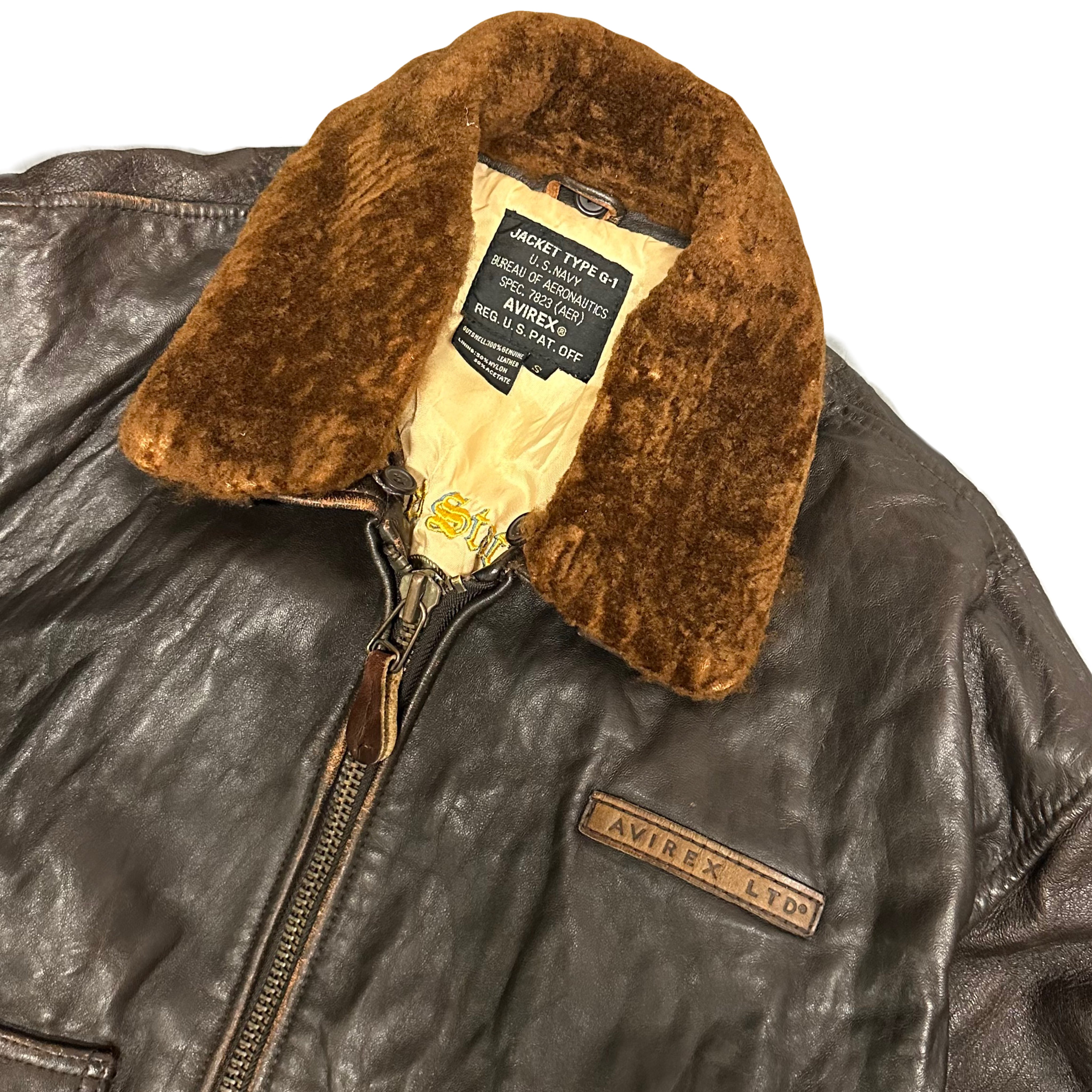 Avirex G-1 Leather Jacket In Brown With Removable Sherpa Collar ( S )