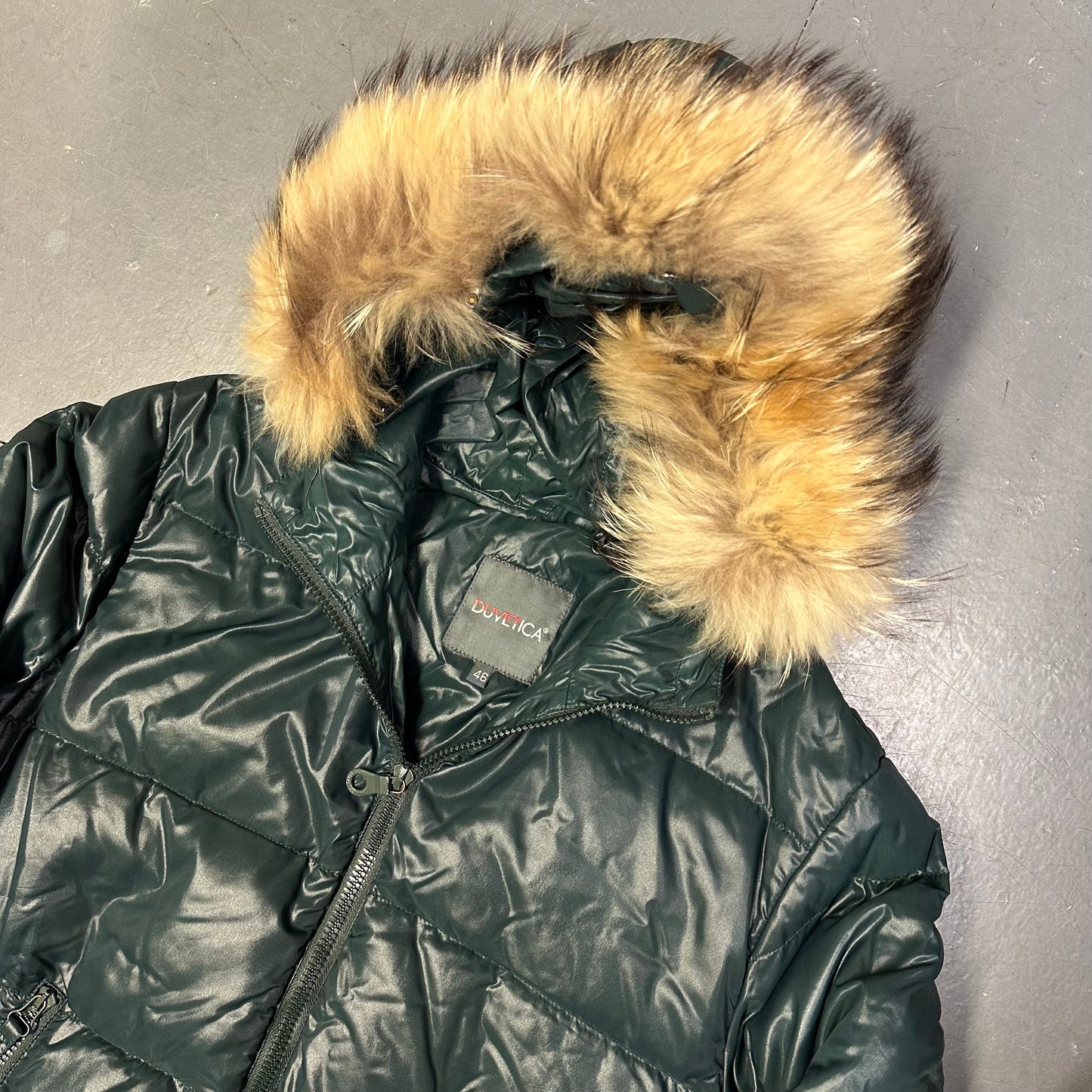 Duvetica Fur Hood Puffer Jacket In Teal Blue (S)