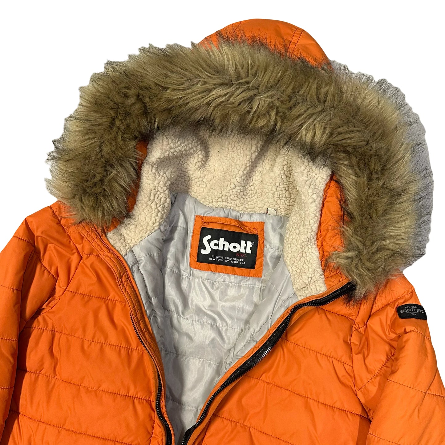 Schott Puffer Jacket With Fur Hood In Orange ( S )