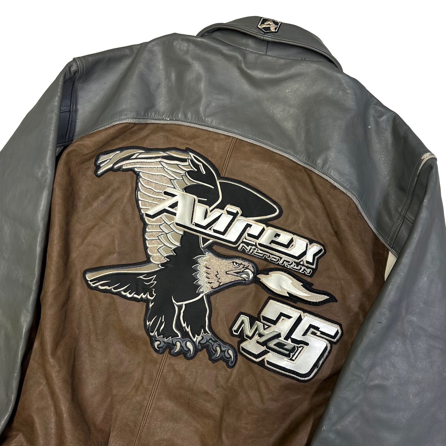 Avirex Leather Nitro Run Jacket In Grey & Brown ( 3XL )