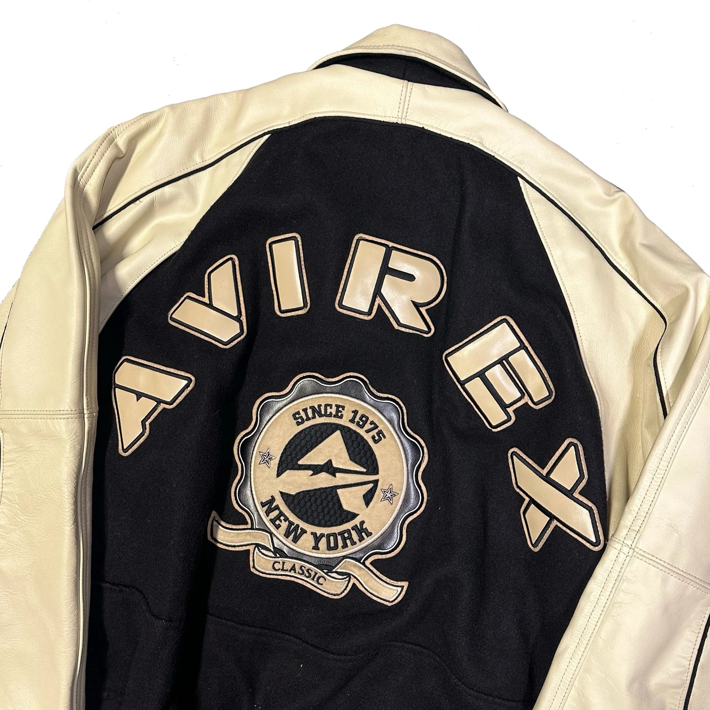 Avirex Wool & Leather Jacket In Black & Beige ( XL )